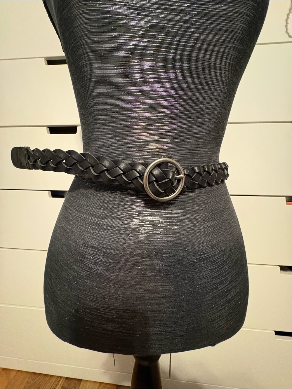 Hollister Black Braided Leather Belt with Round Metal Buckle